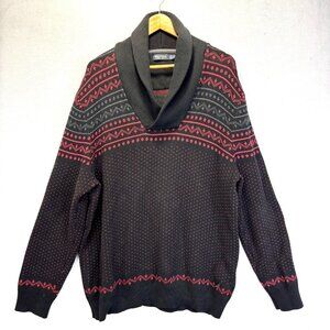 Nautica Fair Isle Shawl Collar Sweater Mens 2XL Black Red Pullover XXL‎